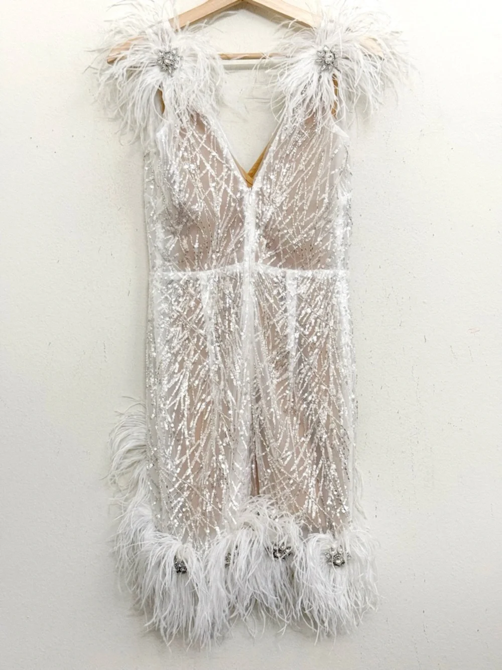 NADINE MERABI  Mila White Feather Sequin Ivory Mini Dress with Nude Slip Sz S - Picture 15 of 17